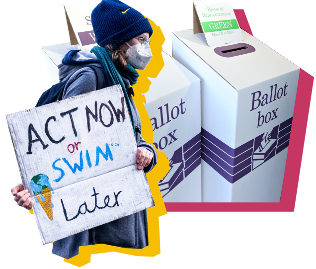 Two voting ballot boxes, overlaid with a person wearing a beanie, mask, jacket and scarf holding a sign saying "Act now or swim later"