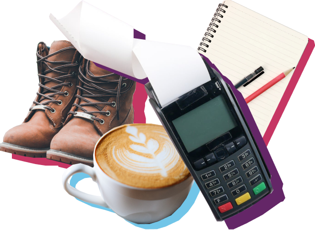 Boots, coffee, POS machine and notepad