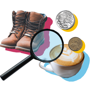 Shoes, coffee and coins with a magnifying glass