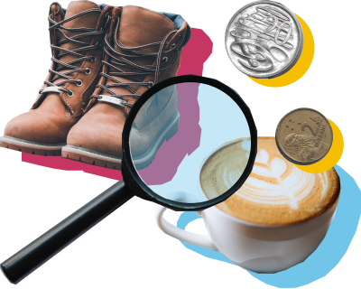 Boots, coffee, magnifying glass and coins