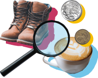 Boots, coffee, magnifying glass and coins