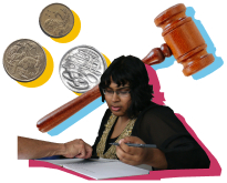 Gavel with woman and coins