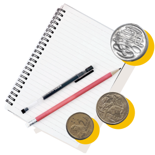 Notepad with coins and pens