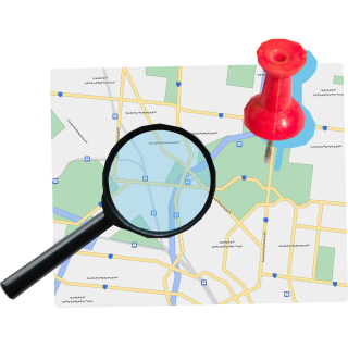 Map with magnifying glass and pin