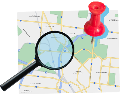 Map with magnifying glass and pin