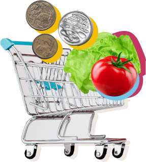 Shopping trolley with food and coins in it