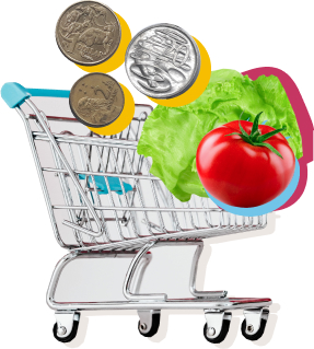 Shopping trolley with food and coins in it